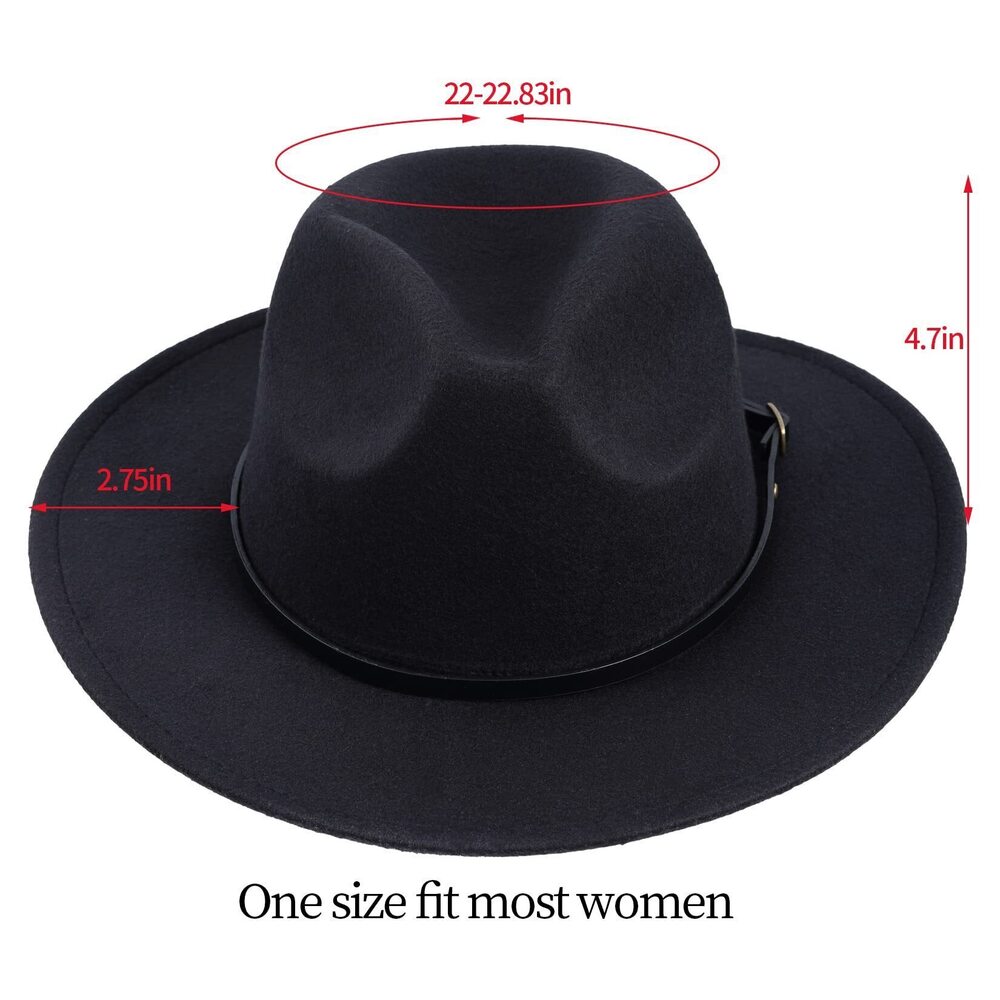 9124 Fedora Hat Wide Brim Fedora Retro Black Floppy Wool Felt Hat with Belt - Picture 2 of 7